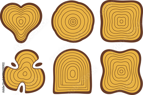 Tree trunk rings set, wood log cross section, natural timber texture, forest growth pattern, isolated clipart, flat vector illustration