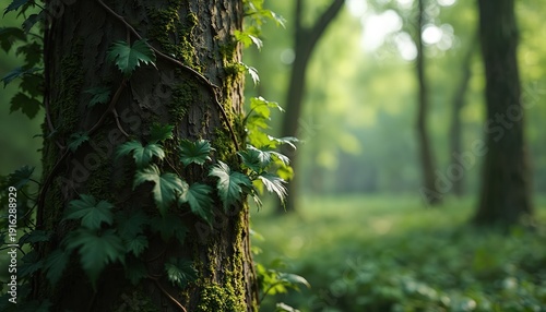 Close-up on old tree trunk covered by moss, ivy vines in green forest. Sunlight filters through rich canopy creating peaceful woodland atmosphere. Nature details, plant life thriving in wild habitat.