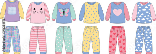 Kids pajamas set illustration, cute cartoon sleepwear collection, baby nightwear outfits, colorful clothes clipart, isolated design, flat vector illustration