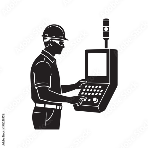 CNC machine operator at digital control panel industrial manufacturing worker silhouette vector illustration
