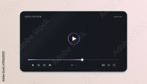 Minimal dark video player interface with neon ring play button, progress timeline and clean control icons. Modern streaming UI template for web and app dashboards.