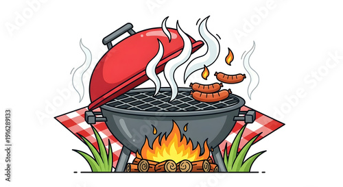 Colorful cartoon illustration of sausages grilling on barbecue