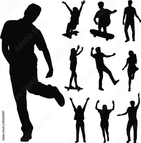 Skateboarder silhouette set, people dancing jumping poses, youth lifestyle action figures, urban street activity, isolated clipart, flat vector illustration