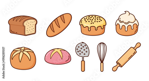 Assorted baking elements including bread, pastries, and utensils on a clean white background viewed from directly above