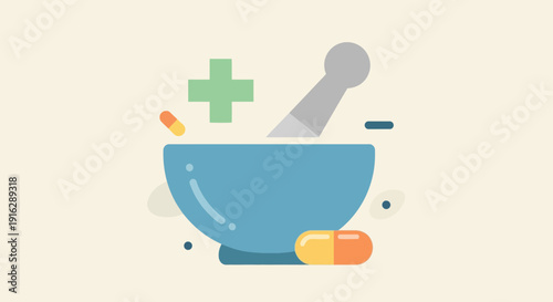 Mortar and Pestle with Pills and Medical Cross Icon