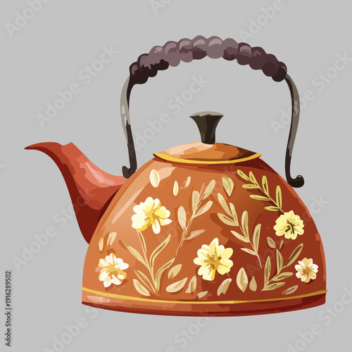 Rustic brown kettle with small white flowers and golden accents for country style kitchen and herbal brewing - Vector Illustration