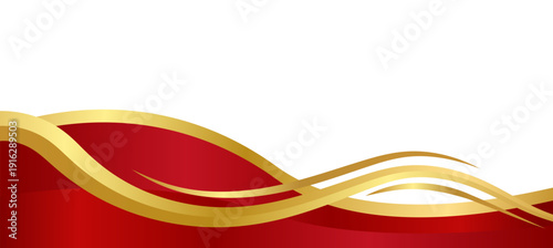 Horizontal footer, separator background with elegant flowing waves in deep red and metallic gold