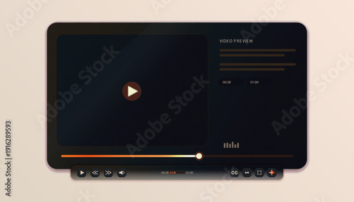 Dark video player interface mockup with play button, timeline slider and control bar, plus info panel on the right in premium minimal style.