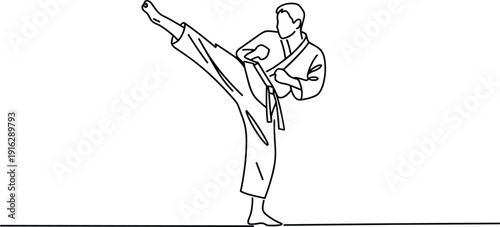 Martial Artist Performing Side Kick in Minimalist Line Art Style