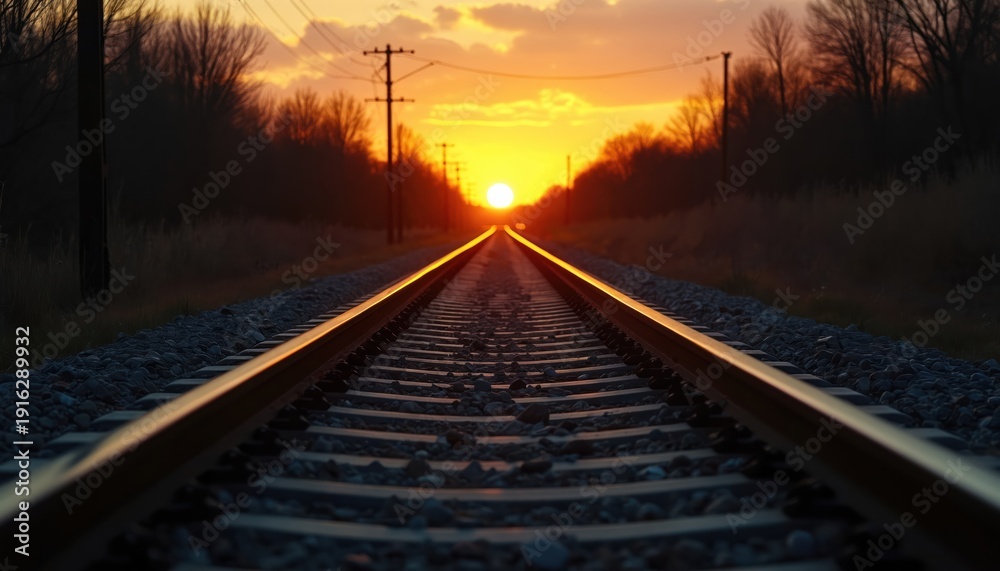 Fototapeta premium Train tracks stretch toward a bright orange sunset horizon. Railroad lines lead into distant landscape with bare trees and power poles. Endless journey.