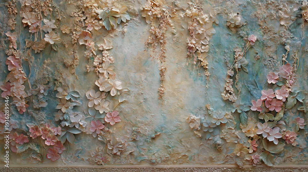 Fototapeta premium Intricate Floral Bas-Relief Wall Art, A stunning pastel-toned bas-relief featuring intricate floral patterns and blooming vines, perfect for elegant and artistic designs.