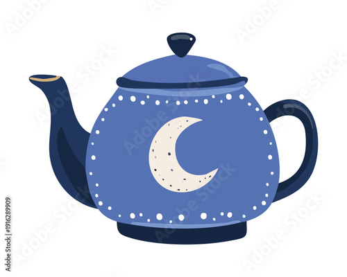 Dark blue teapot featuring golden moon and star motifs for magical evening tea and cosmic kitchen decoration - Vector Illustration