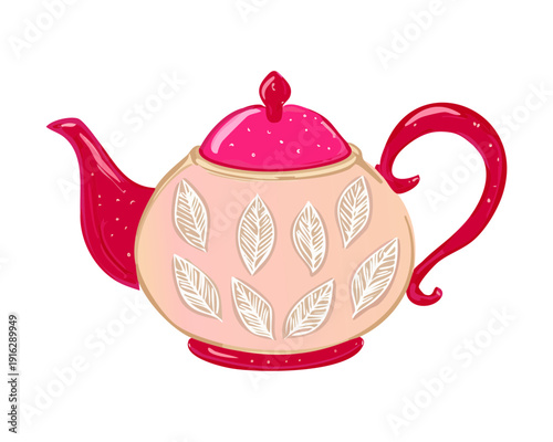 Bright pink teapot featuring white leaf patterns for colorful kitchen atmosphere and fun tea time with family - Vector Illustration