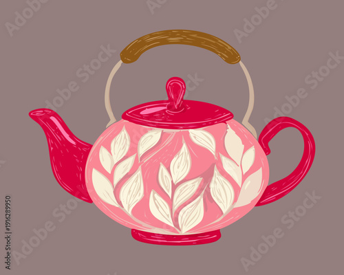 Dark pink teapot with white floral patterns for romantic kitchen decor and feminine afternoon tea party setting - Vector Illustration