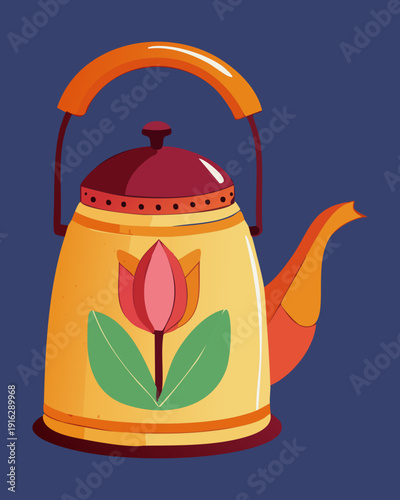 Navy blue teapot with a vibrant red tulip illustration for sophisticated kitchen style and hot tea service - Vector Illustration