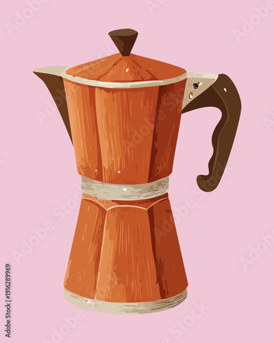 Traditional moka pot coffee maker in bronze finish for Italian breakfast and strong espresso brewing at home - Vector Illustration