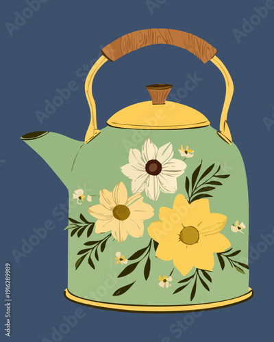 Dark teal teapot with white and yellow floral patterns for elegant kitchen style and afternoon tea service - Vector Illustration