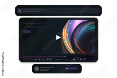 Dark video player UI template with gradient swirl preview, top search bar and rounded control panels. Modern streaming dashboard mockup for web and mobile apps.