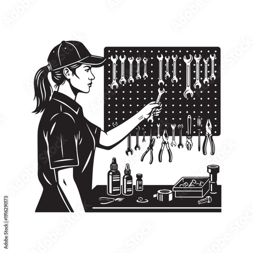 Female mechanic at workshop pegboard with tools industrial vector silhouette
