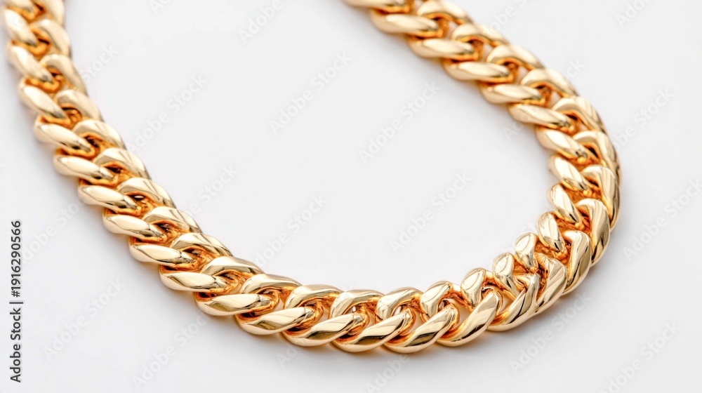 Obraz premium Close-up of a thick, polished gold curb chain necklace on a white background