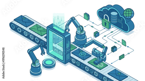 Isometric Cloud Security and Email Automation: Robotic Arms Filtering Data on Conveyor Belt