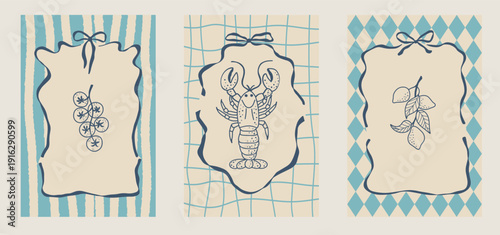 Beach inspired Italian seafood frame illustration. Whimsical lace border for summer menu, picnic food poster, kitchen print and Amalfi Coast art.