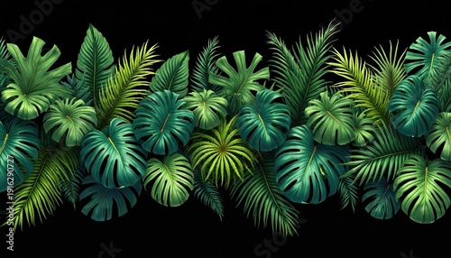 Diverse tropical leaves in various shades of green form dense pattern against stark black backdrop. Illustration vegetation with different leaf shapes, textures. Exotic flora creates vibrant natural