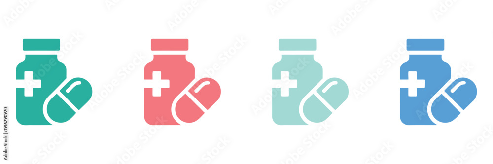 Obraz premium A bottle of medicine pill icon set, medical capsule prescription with cross sign, healthcare pharmacy symbol collection