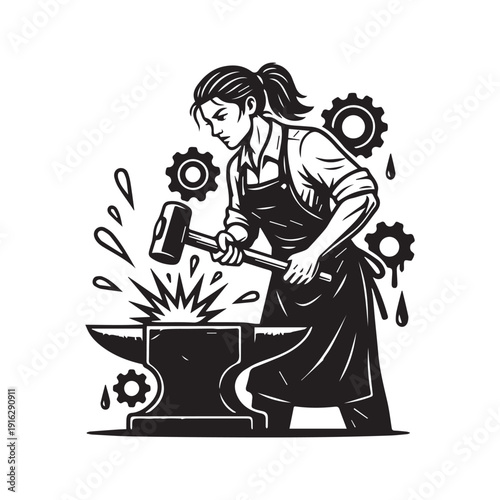 Female blacksmith silhouette forging metal on an anvil with sparks flying, industrial woman worker vector illustration isolated on white.
