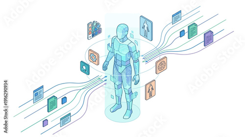 Isometric Cloud Security and Email Automation: Robotic Arms Filtering Data on Conveyor Belt