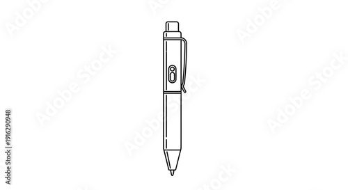 Minimalist Line Art Drawing of a Ballpoint Pen, Isolated on White Background