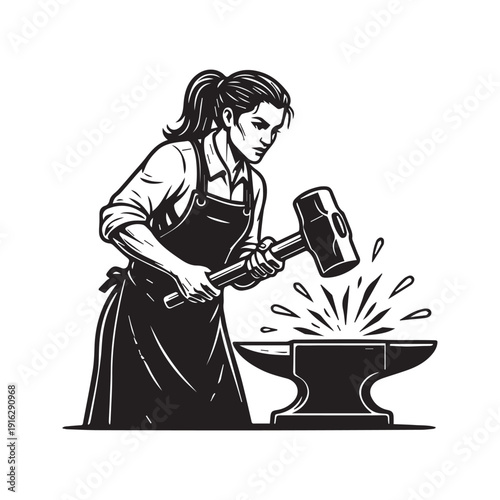 Female blacksmith silhouette forging metal on an anvil with sparks flying, industrial woman worker vector illustration isolated on white.
