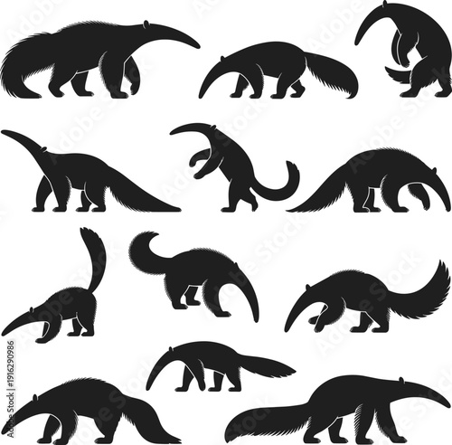 Anteater silhouette flat vector illustration set isolated on white background exotic mammal wildlife clipart simple logo icon