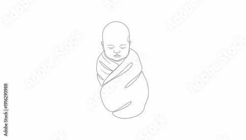 Minimalist Line Art Drawing of a Newborn Baby Wrapped in Swaddle, Sleeping Peacefully