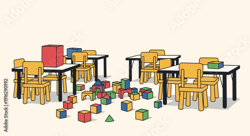 Kindergarten Classroom with Building Blocks and Small Tables
