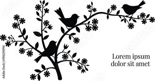 Birds on floral tree branch silhouette flat vector illustration isolated on white background decorative nature wall art design