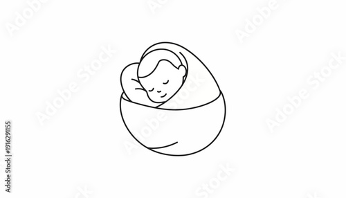 Minimalist Line Art of a Sleeping Newborn Baby Wrapped in Swaddle