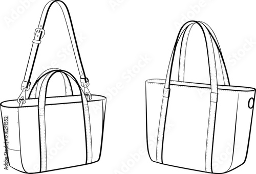 Black and white line of two tote bags one with a shoulder strap handbag purse fashion