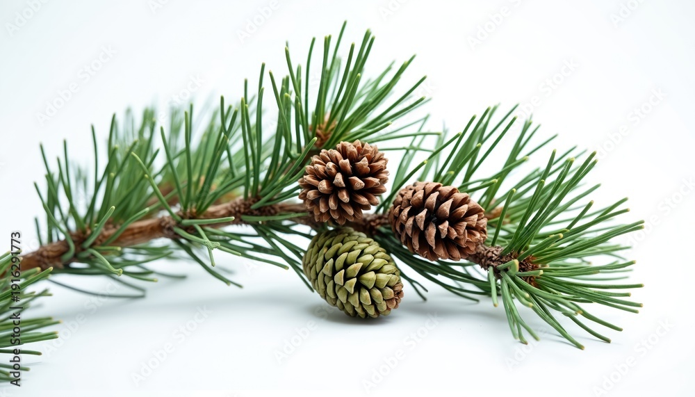Fototapeta premium Pine branch with green needles and brown cones. Isolated on a clean white background. Natural botanical detail for winter holidays or forest themes.