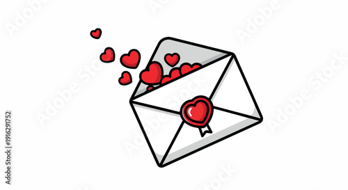Illustration of an open envelope with hearts spilling out against a white background in a simple line drawing style.