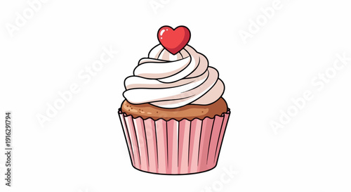 Digital illustration of a cupcake with pink frosting and a red heart on top against a white background.