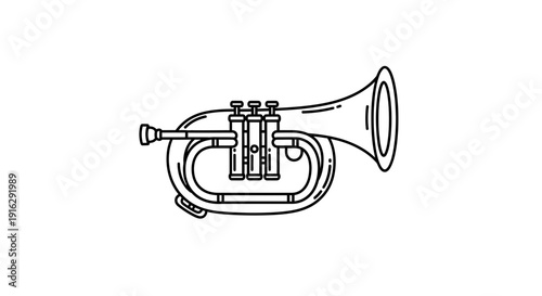 Line Art Illustration of a Baritone Horn, Brass Musical Instrument, Isolated on White Background