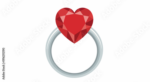 A red heart-shaped gemstone ring on a plain white background, showcasing a simple yet elegant design with a bold, crimson color.