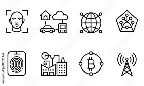 Vector icons represent various aspects of technology and communication tools