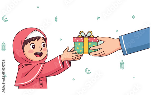 Young girl receiving gift with joy and surprise on her face with colorful wrapping