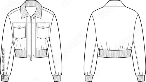 Cropped bomber jacket fashion front and back view with pointed collar chest flap pockets and ribbed cuffs and hem