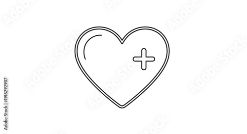 Heart shape with plus sign icon, medical symbol, healthcare concept, minimalist line art