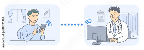 オンライン診療で患者と医師がつながっているイラスト