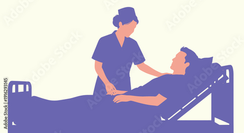 Nurse caring for patient in hospital bed, healthcare illustration