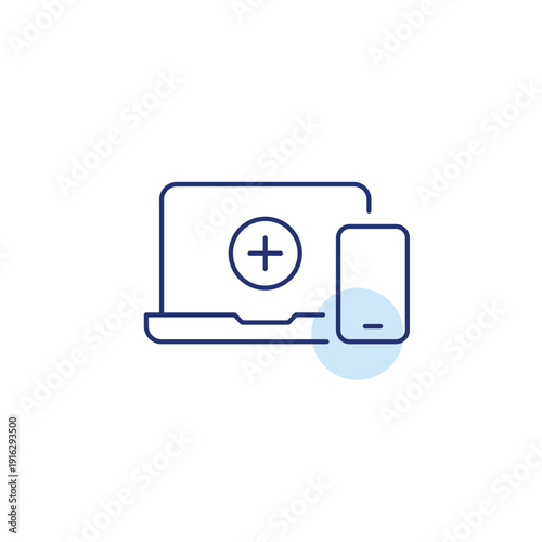 New task, screen add, app install, workspace update with seamless connection. Plus on laptop screen. Pixel perfect, editable stroke vector icon